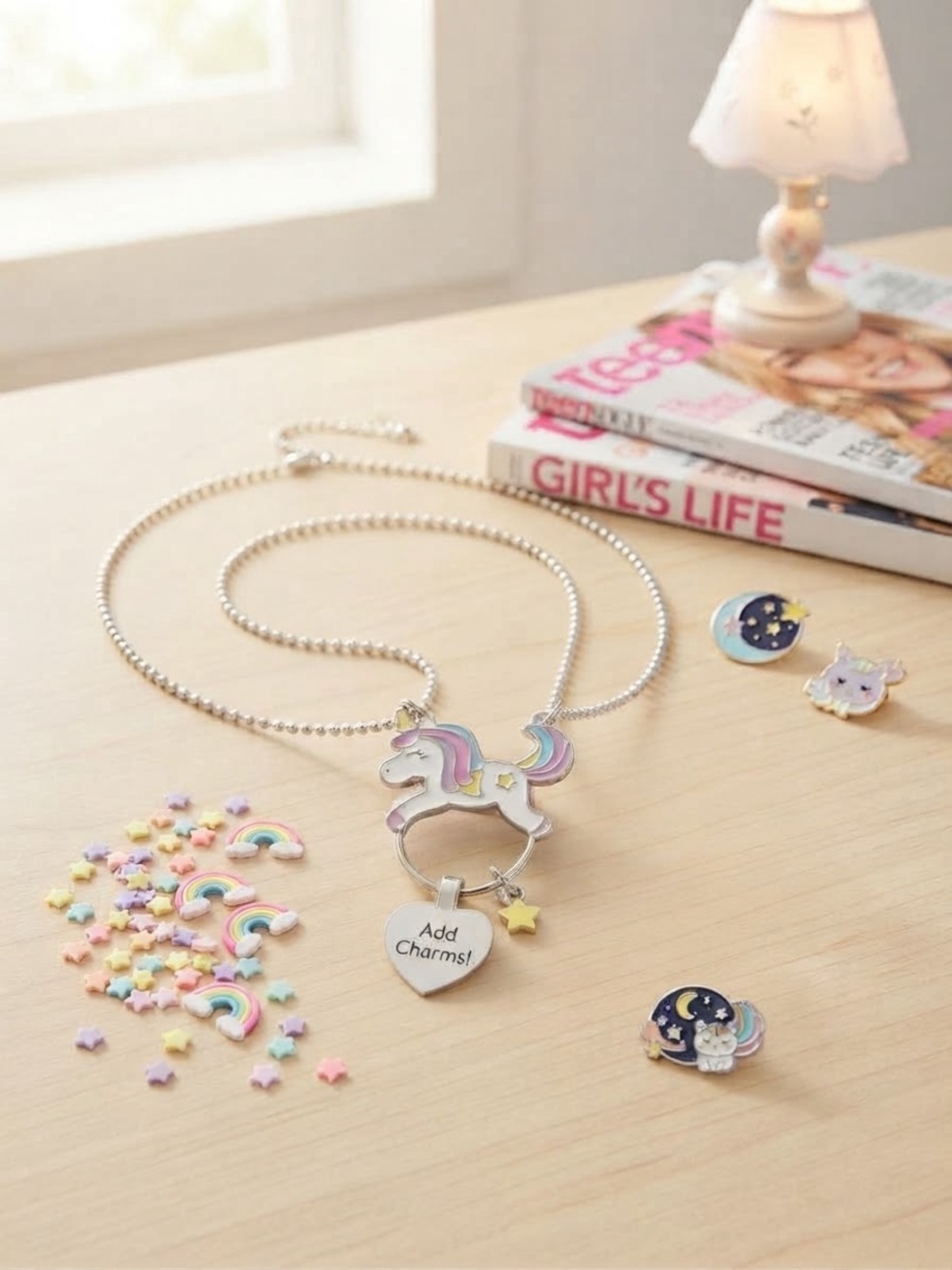 Kids Silver Unicorn Charm Necklace with Pastel Accents
